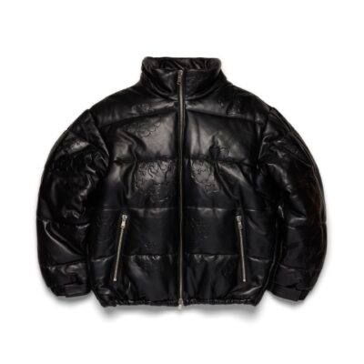 Embossed Leather Wreath Puffer Black