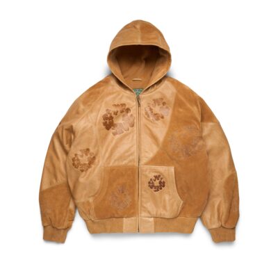 Patchwork Leather/Suede Cotton Wreath Hoodie Brown