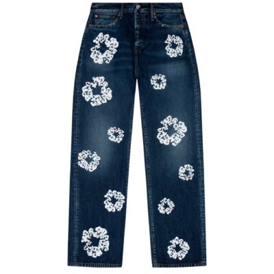 Baggy Rhinestone Cotton Wreath Denim Pant Dark Wash